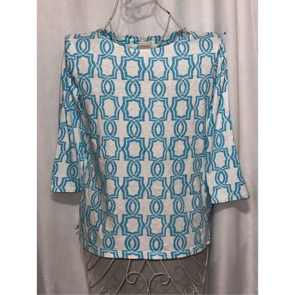 Good CONDITION WOMEN Chicos  Sz 0 (xsmall) Graphic Geo Cotton Slub Top minor sta - Picture 1 of 8